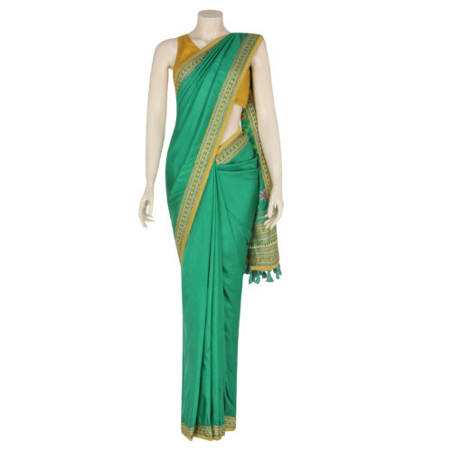 Green Nakshi Kantha Embroidered Silk Saree