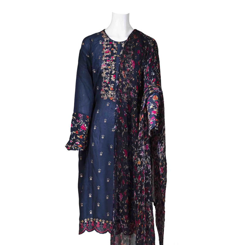 Night Blue Golden Silk Thread Embroidery Shalwar Kameez